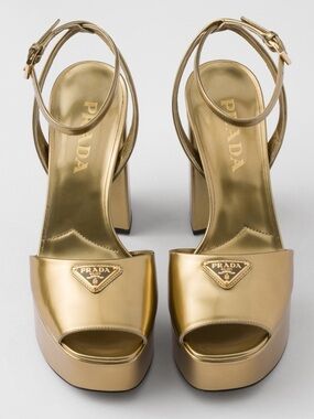 Prada Logo Metallic Leather Platform Sandals